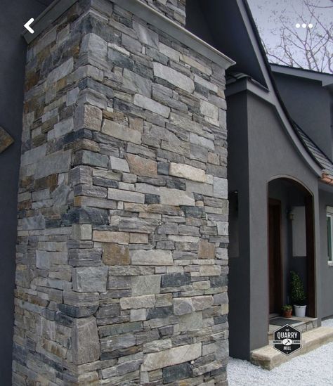 Gray And Stone House Exterior, Siding And Stone Combinations, Evolve Stone Exterior, Grey Stone House Exterior, Exterior Stone And Siding Combinations, Exterior Accent Wall, Stone Veneer Exterior Houses, Masonry Architecture, Heritage Renovation