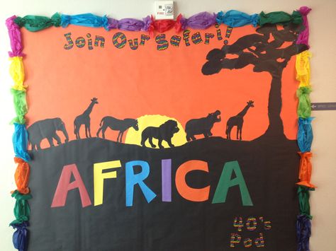 This is a bulletin board I created for our school wide international theme. We were assigned Africa. Africa Bulletin Board Ideas, Africa Preschool, Culture Day At School Ideas, Animal Bulletin Board, Preschool Jungle, Jungle Theme Classroom, School Environment, Around The World Theme, African Theme