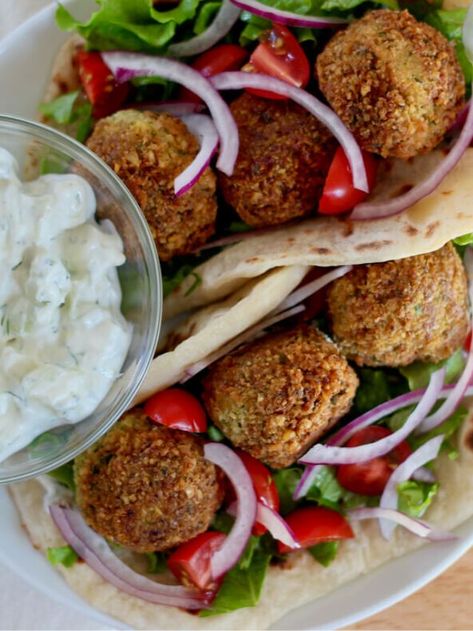 Greek Falafel Gyros with Tzatziki Sauce - Everyday Homemade Greek Falafel, Vegetarian Gyro, Falafel Gyro, Gyros With Tzatziki Sauce, Feta Tzatziki, Gyro Wrap, Gyros Recipe, Falafel Sandwich, Gyro Recipe