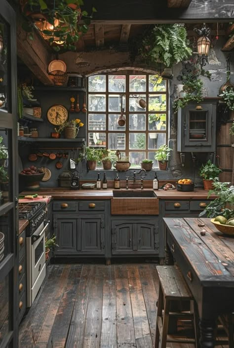 1920 Kitchen Ideas, Dark Cottage Core House Interior, Witchy Aesthetic Kitchen, Arts And Craft Style Kitchen, Woodsy Aesthetic House, Apothecary Kitchen Aesthetic, Different House Aesthetics Interior, Dark Forest Kitchen, Cottagecore Home Ideas