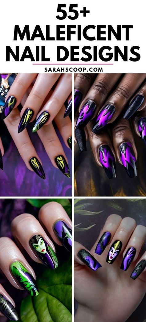 Unleash your inner fierce queen with these enchanting Maleficent-inspired nail designs! 💅 #naildesigns #nailinspo #maleficent Villain Nail Art, Evie Descendants Nails, Disney Nails Malificent, Malificent Nail Design Simple, Evil Queen Nails Disney, Maleficent Inspired Nails, Birthday Nails Ideas Acrylic, Maleficent Nails Designs, Ursula Nail Art