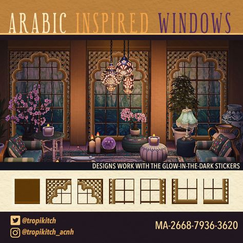 Tropikitch on Twitter: "The windows designs I created (inspired by some gorgeous Arabic windows) are now on the portal 🧡 #ACNH #ACNHDesign #acnhinspo #AnimalCrossing https://t.co/w8gKyRboKU" / Twitter Window Animal Crossing Design, Acnh Window Sticker Design Code, Acnh Windows Code, Animal Crossing Moroccan Design, Acnh Moroccan Design Code, Acnh Arabian Island, Acnh Moroccan Design, Acnh Window Design, Acnh Window Design Code