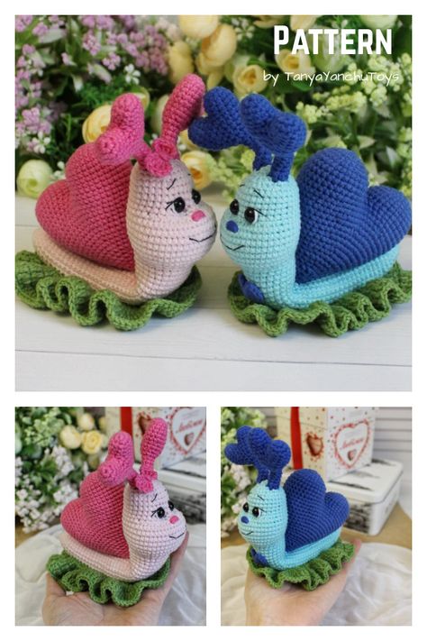 7 Heart Snail Crochet Patterns - Page 2 of 2 Snail Crochet Pattern, Crochet Valentines Ideas, Crochet Snail, Crocheted Animals, Crochet Hearts, Tutorial Amigurumi, Crochet Teddy Bear Pattern, Crochet Dolls Free Patterns, Crochet Birds