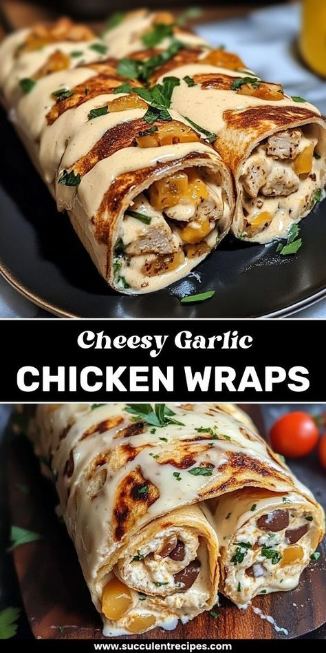 These Easy Cheesy Garlic Chicken Wraps are packed with juicy chicken, gooey cheese, and bold garlic flavor! A quick and satisfying meal for busy days. Cheesy Garlic Chicken Wraps Recipe, Cheesy Garlic Chicken Wraps, Cheesy Garlic Chicken, Chicken Philly Cheesesteak, Garlic Sauce For Chicken, Chicken Philly, Chicken Wrap Recipes, Creamy Garlic Chicken, Creamy Garlic Sauce