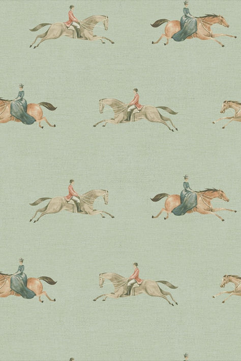 Elevate your interior to new heights of elegance with our At The Races wallpaper in laurel green, an equestrian-themed gem from the Balmoral collection. This wallpaper is a testament to country living and equestrian life, featuring a captivating scene of people horseback riding across serene country meadows. The refreshing laurel green backdrop provides the perfect canvas for the horses' harmonious canter, creating an ambience of serenity and rustic allure. Equestrian Aesthetic Wallpaper, Horse Racing Wallpaper, Equestrian Nursery, Equestrian Wallpaper, Wallpaper Rooms, Wallpaper Livingroom, Horses Wallpaper, Country Wallpaper, Green Patterns