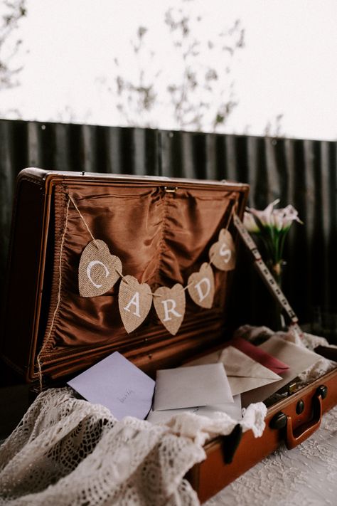 Vintage suitcase card holder at this Texas wedding | Image by Just Like Honey by Nadine Berns Vintage Trunk For Wedding Cards, Card Suitcase Wedding, Suitcase For Cards At Wedding, Vintage Suitcase Wedding Cards, Suitcase Wedding Card Holder, Cards Suitcase Wedding, Simple Vintage Wedding Decorations, Vintage Suitcase Card Box Wedding, Unique Card Holder For Wedding