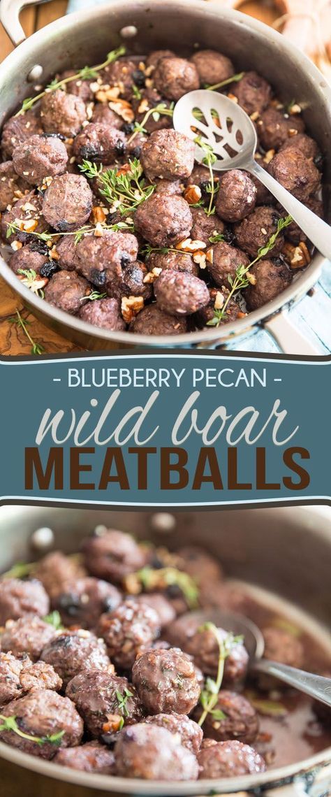 Blueberry Pecan Wild Boar Meatballs by Sonia! The Healthy Foodie | Recipe on thehealthyfoodie.com Wild Boar Recipes, Roast Chicken And Gravy, Bbq Recipes Ribs, Pbs Food, Wild Game Recipes, Pork Tenderloin Recipes, Walk On The Wild Side, Wild Boar, Healthy Foodie