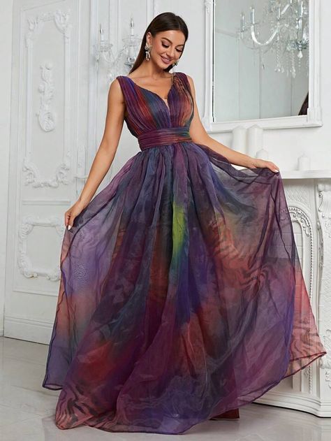 Multicolor Collar Sleeveless Chiffon Ombre,Random Print A Line Embellished Slight Stretch Weddings & Events Tie Dye Wedding Ideas, Purple Collar, Future Children, Prom Looks, Multicolor Dress, Mesh Overlay, Orange Fashion, Affordable Clothes, Custom Dresses