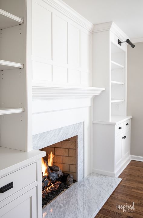 Fireplace Set Back In Wall, Built In Beside Fireplace One Side, Built In Side Of Fireplace, Built Ins Around A Fireplace, Cabinets And Fireplace, Storage On Either Side Of Fireplace, Built Ins Flanking Fireplace, Bookshelves On Sides Of Fireplace, Lights On Built Ins