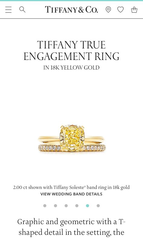 Graphic and geometric with a T-shaped detail in the setting, the Tiffany True engagement ring is a new icon of modern love. Featuring an 18k gold band, the fancy yellow cushion modified brilliant diamond sits low on the finger. Tiffany Engagement Ring Yellow Diamond, Yellow Diamond Engagement Ring Brilliant Earth, Yellow Diamond Engagement Ring Tiffany, Tiffany True Engagement Rings, Tiffany Engagement Ring Gold, Tiffany Gold Engagement Ring, Tiffany Yellow Diamond Ring, Tiffany Gold Ring, Tiffany Yellow Diamond