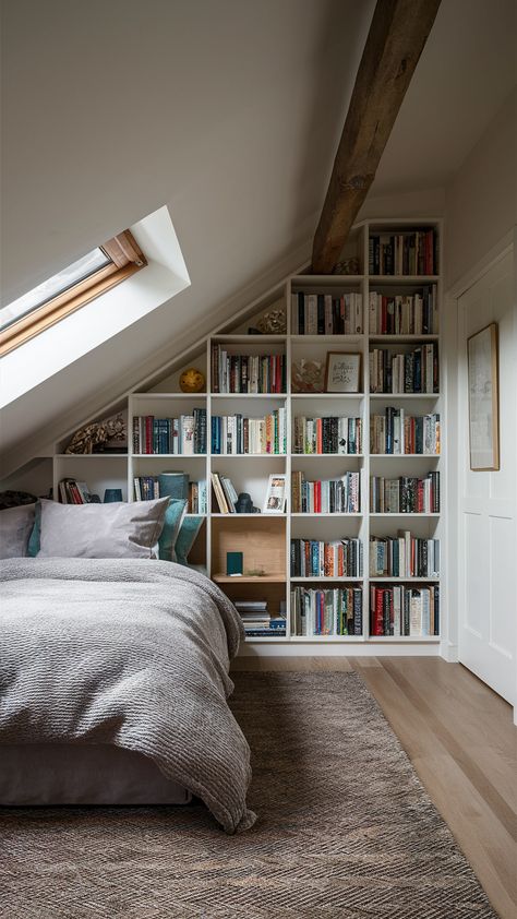 Inspiring Small Attic Bedroom Ideas for Cozy, Stylish Spaces with Slanted Walls Attic Decoration Ideas, High Slanted Ceiling Bedroom, Attic Remodel Ideas, Attic Apartment Ideas Slanted Ceiling, Slant Ceiling Bedroom, Attic Built Ins Slanted Walls, Sloped Bedroom, Attic Loft Bedroom Ideas, Slanted Ceiling Bedroom Ideas Decor