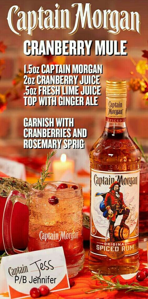 Captain Morgan Cocktails, Cranberry Mule, Drinks Alcohol Recipes Party, Spiced Rum Drinks, Thanksgiving With Friends, Rum Drinks Recipes, Party Drinks Alcohol, Xmas Dinner, Captain Morgan