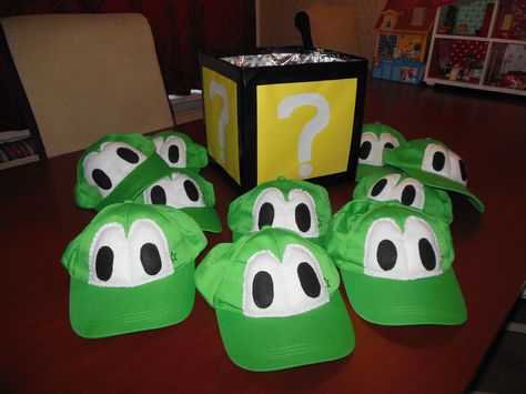 Home-made Yoshi-caps and Question Mark box for treats. Yoshi Hat Diy, Homecoming Floats, Mario Bros Birthday, Diy Hat, Cool Themes, Question Mark, Mario Bros, Home Made, Minion