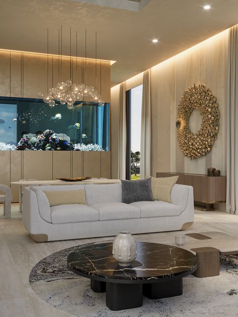 Aquarium Design Interior Living Rooms, Dining Room Aquarium, Living Room Aquarium Ideas, Wall Aquarium Living Rooms, Home Aquarium Living Rooms, Room With Aquarium, Big Aquarium Living Rooms, Ideas For Coffee Tables, Aquarium Living Room