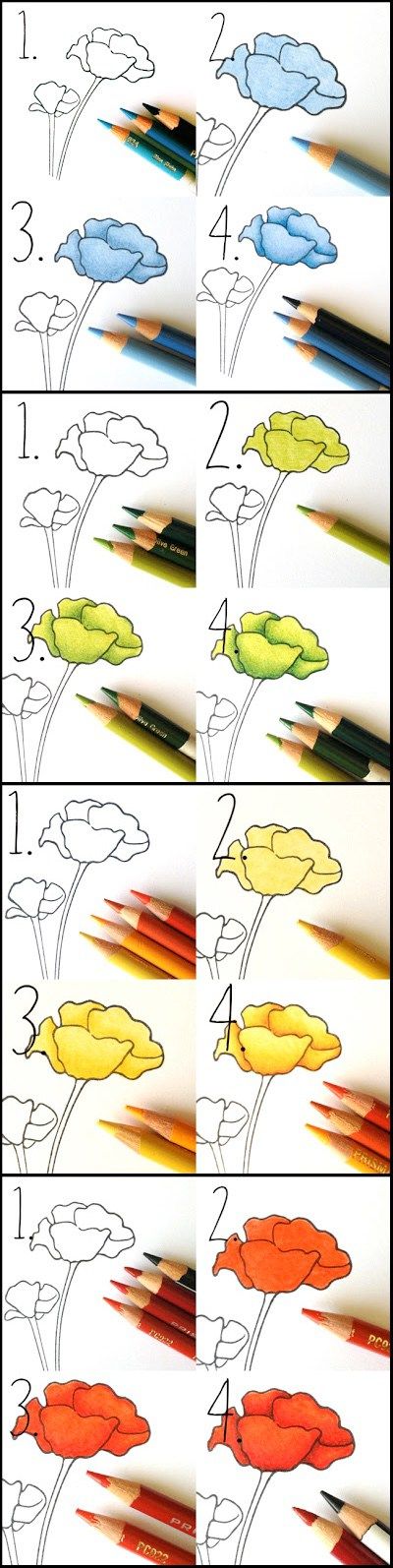 Great colored pencil technique showing how you can create rich gradients with just a few colors, no blending pencil required! Blending Pencil, Coloring Party, How To Draw Flowers, Draw Flowers, Colored Pencil Tutorial, Coloring Tips, Coloring Ideas, Colored Pencil Techniques, Color Pencils