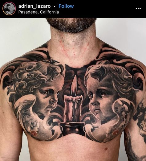 Black People Tattoos, Full Chest Tattoos, Chicano Tattoos Sleeve, Cherub Tattoo, Full Tattoo, Realistic Tattoo Sleeve, Men Tattoos Arm Sleeve, Religious Tattoo, Cool Chest Tattoos