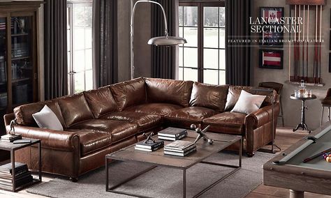 Restoration Hardware Sectional Leather, Restoration Hardware Sectional, Restoration Hardware Sofa, Leather Sofa Decor, Restoration Hardware Living Room, Restoration Hardware Furniture, Leather Couch Sectional, Restoration Hardware Style, Leather Living Room Furniture