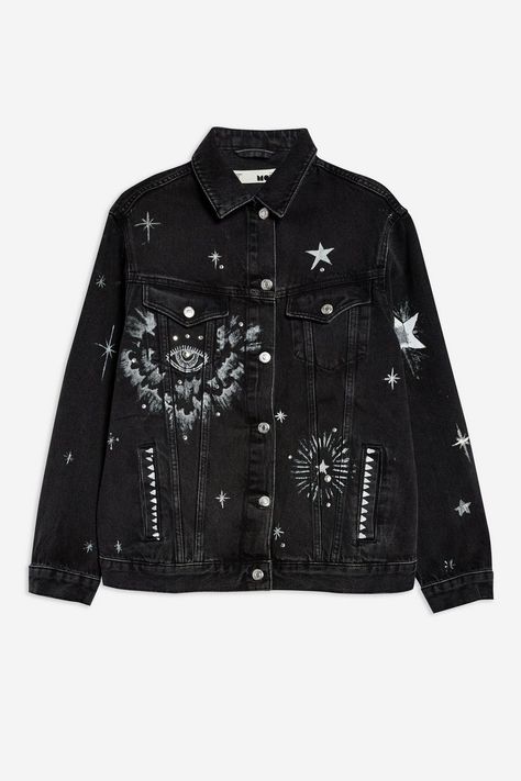 Custom Black Denim Jacket, Black Denim Jacket Customized, Edgy Black Denim Jacket With Graphic Print, Goth Jean Jacket, Denim Jacket With Star Print, Embellished Denim Jacket, Hand Painted Denim Jacket, Denim Art, Painted Denim Jacket