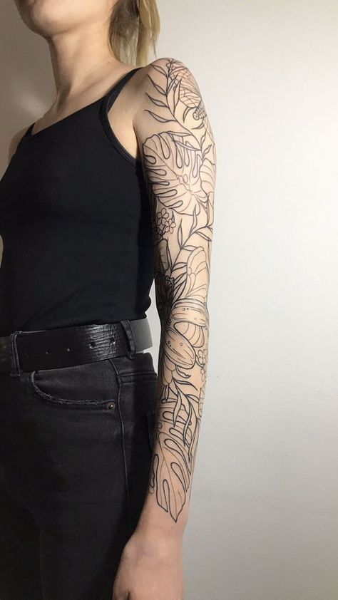 Full Sleeve Plant Tattoo, Monstera Leaf Tattoo Sleeve, Split Leaf Philodendron Tattoo, Plant Tattoo Sleeve Botanical Prints, House Plant Sleeve Tattoo, Tropical Half Sleeve Tattoo, Botanical Leaf Tattoo, Plant Arm Sleeve Tattoo, Monstera Shoulder Tattoo