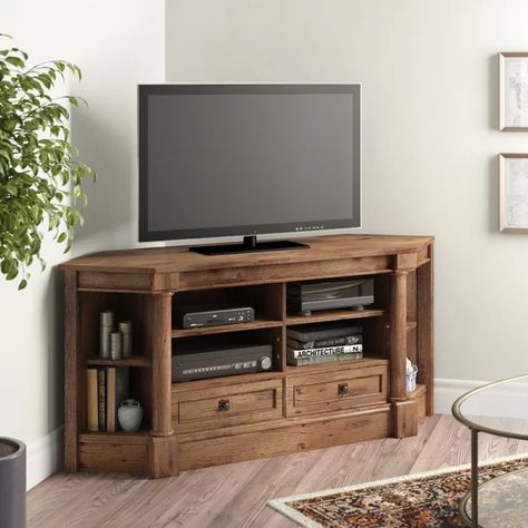 Orviston TV Stand for TVs up to 60" Corner Tv Cabinet Ideas, Corner Tv Stand Ideas Living Rooms, Corner Tv Living Room, Corner Mounted Tv Living Room, Corner Tv Stand Ideas, Wood Corner Tv Stand, Corner Entertainment Center, Corner Tv Cabinets, Corner Tv Stands