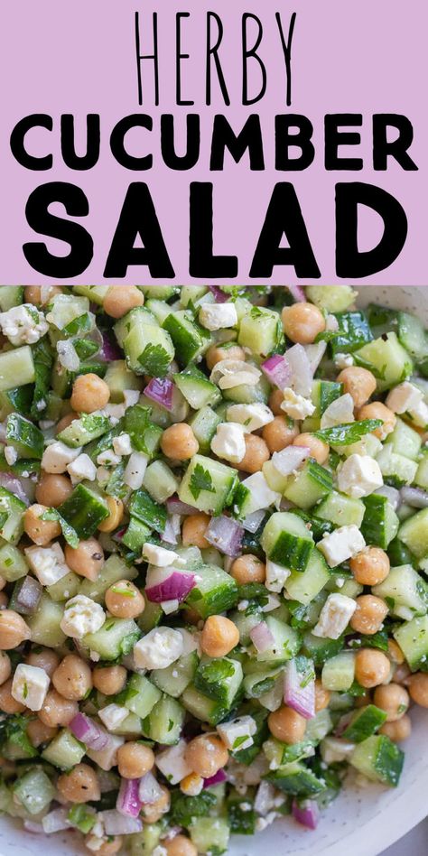 Last Minute Side Dishes Parties, Healthy Lunch Party Ideas, Cold Salads For Lunch Easy Recipes, Cucumber Pea Salad, Sides With Cucumber, Herby Cucumber Salad With Feta And Chickpeas, Keto Cucumber Salad Recipes, Salad Recipes Potluck, Small Side Salad Ideas