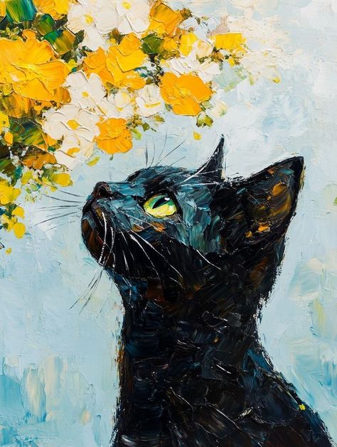 Black Cat Watercolor Paintings, Black Cat Oil Painting, Black Cat Painting, Cats Black, Kitty Art, Oil Pastel Paintings, Green Paintings, Oil Painting Texture, Black Cat Art