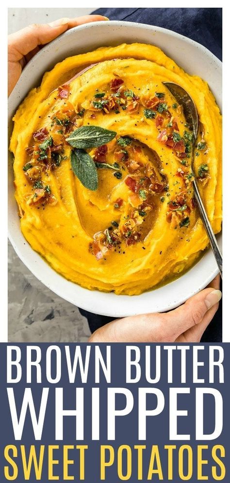 These Pancetta & Sage Brown Butter Whipped Sweet Potatoes are easy and effortless, yet elegant and loaded with flavor!  Roasted sweet potatoes are whipped with crème fraiche and studded with crispy, salty pancetta, earthy sage and drizzled with fragrant brown butter.  #whipped #sweet #potatoes #brown #butter #holiday #side #recipe via @nospoonn Brown Butter Sage Sweet Potatoes, Thanksgiving Sidedish, Potato Ideas, Sage Brown Butter, Whipped Sweet Potatoes, Brown Butter Sage, Cooking Vegetables, Large Events, Recipes Vegetables