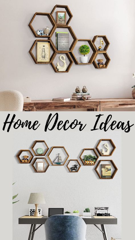 #HexagonShelves #FloatingShelves Perfect for decorating your walls, the hexagon floating shelves are designed to provide a modern look to any room. Very suitable for the living room, bedroom, bathroom, study, and children's room wall decoration. #WallMountedShelves #Setof8 #WoodShelves #HexagonalShelves #StorageShelves #FarmhouseDecor #HoneycombShelves #WallDecor #BathroomDecor #BedroomDecor #LivingRoomDecor #LaundryRoomDecor #OfficeDecor #BrownShelves Hexagon Shelf Decor, Hexagon Wall Shelf, Honeycomb Shelves, Shelf Decor Living Room, Hexagon Shelves, Picture Shelves, Room Shelves, Living Room Shelves, Wall Hanging Crafts