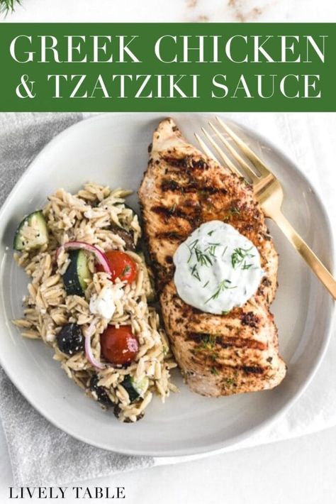 Healthy Greek Chicken with Tzatziki Sauce - Lively Table Chicken With Tzatziki Sauce, Healthy Greek Chicken, Mediterranean Chicken Recipes, Mediterranean Diet Recipes Dinners, Greek Chicken Recipes, Easy Mediterranean Diet Recipes, Seasoned Chicken, Healthy Chicken Dinner, Chicken Breast Seasoning