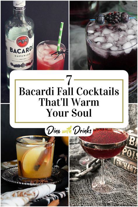 Collage of 4 bacardi fall cocktails. Cocktail Recipes Bacardi, Bacardi Drinks Recipes Easy, Bacardi Drinks Recipes, Drinks With Bacardi, Drinks With Bacardi Rum, Bacardi Cocktails, Bacardi Drinks, Bacardi 151, Bacardi Cocktail