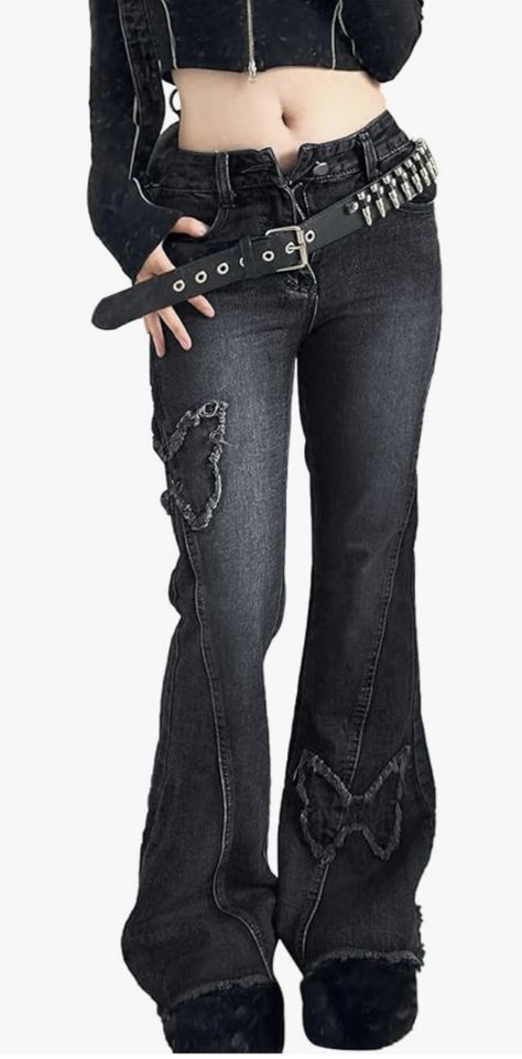 Gothic Butterfly Black Flare Jeans Grunge High-waist Flare Jeans With Pockets, Grunge Washed Black Flare Jeans For Streetwear, Cotton Grunge Flare Jeans, Edgy Black Baggy Flare Jeans, Vintage Baggy Pants, Black Cotton Grunge Flare Jeans, Low Rise Grunge Jeans, Goth Jeans, Vintage Baggy Jeans