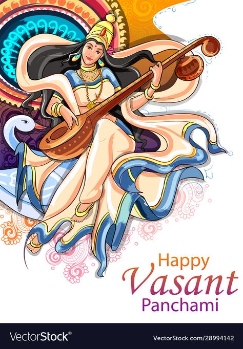 Saraswati Illustration, Vasant Panchami, Saraswati Illustration Art, Saraswati Goddess Cute, Saraswati Goddess Cute Cartoon, Saraswati Goddess Illustration, Saraswati Modern Art, Saraswati Painting, Basant Panchami