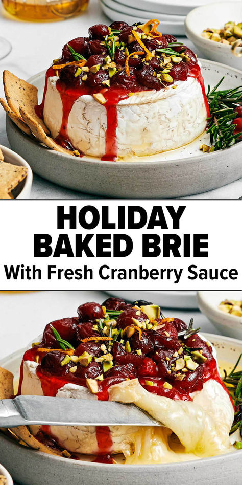 Baked brie with cranberry sauce Baked Brie Recipes Easy Holiday Appetizers, Christmas Brie Appetizers, Holiday Baked Brie, Baked Brie With Cranberry Sauce, Brie With Cranberry Sauce, Downshiftology Recipes, Baked Brie With Cranberry, Cranberry Baked Brie, Baked Brie Cranberry