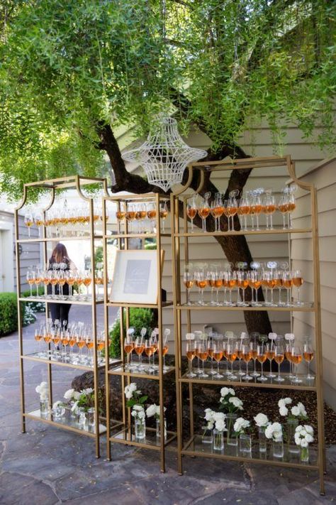 How fun is this champagne display? Guests loved grabbing their bubbly on the way into the reception space after the wedding ceremony! // Downey Street Events: Full-Service Wedding Planning & Design in San Francisco and Northern California // Click here to view the full wedding gallery. #WeddingDecor #WeddingCocktailHour Wedding Ceremony Drink Station, Drink Display Wedding, Wedding Cocktail Hour, Drink Display, Drink Stand, Wedding Tableware, Cocktail Hour Wedding, Ceremony Chairs, Drink Bar