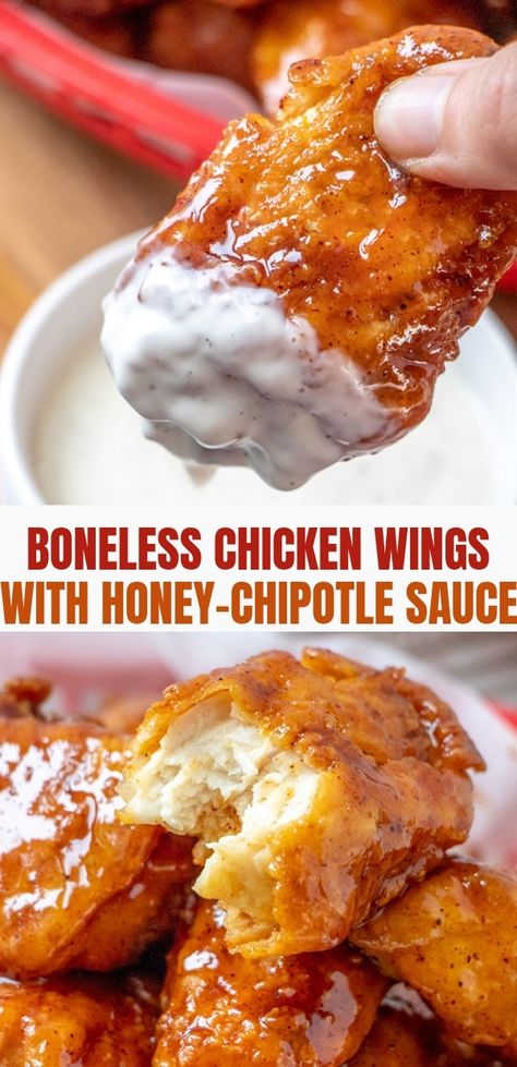 Honey Chipotle Chicken Sauce, Honey Chipotle Sauce Recipe, Boneless Wing Sauce Recipes, Boneless Wing Sauce, Boneless Chicken Wing Recipes, Wingstop Boneless Wings, Sticky Wing Sauce, Spicy Boneless Wings, Honey Chipotle Chicken Wings