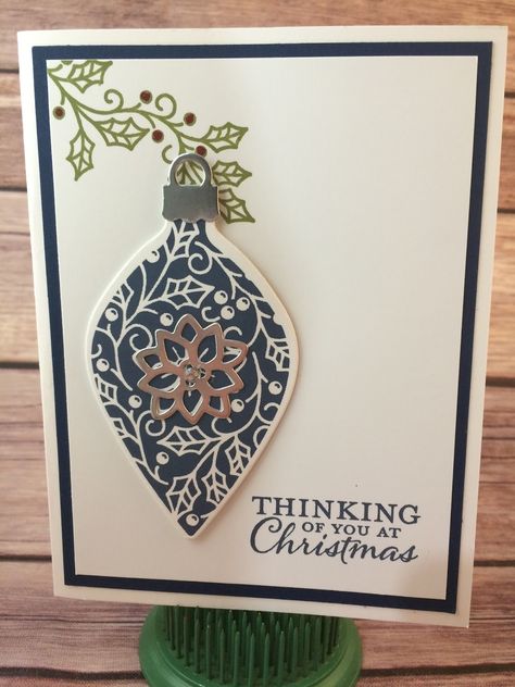 Hey everyone,   Here are the cards we made this weekend at the Stamp a Stack (I'm always inspired/copying from Pinterest and the Stampin' Up... Winter Karten, Stamped Christmas Cards, Mary Fish, Christmas Card Ornaments, Ornament Card, Homemade Christmas Cards, Stampin Up Christmas Cards, 3d Christmas, Christmas Cards To Make