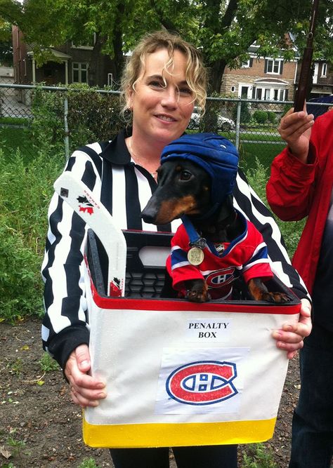 Dog-Gone Funny: This dachshund outfitted as a “Habs” hockey player in the penalty box won "Best Costume" at the September 2014 WienerFest in Montreal! Hockey Costume, Dachshund Costume, Best Dog Costumes, Hockey Halloween, Best Costume Ever, Dachshund Stuff, Box Costumes, Hockey Game, Dog Lady