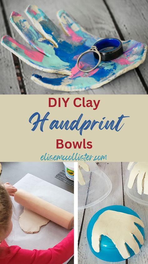 Handmade air dry clay handprint bowls Air Dry Clay Handprint Bowl, Air Dry Clay Keepsakes, Diy Gift For Dad From Kids, Air Dry Clay Mothers Day Gifts, Birthday Ideas For Dad From Kids, Diy Clay Handprint, Clay Art For Kids Easy, Air Dry Clay Projects Easy, Mothersday Diy