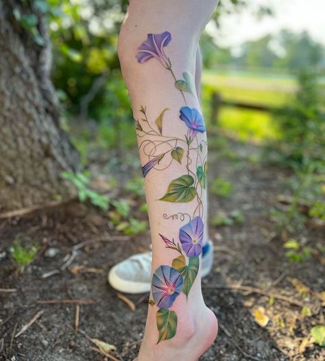 Morning Glory With Hummingbird Tattoo, Morning Glory Tattoo Sleeve, Rose And Morning Glory Tattoo, Leg Flower Sleeve, Vine Wrapped Around Leg Tattoo, Morning Glory Vine Tattoo, Floral Vine Tattoos Sleeve, Flowers Leg Tattoo, Morning Glory Tattoo