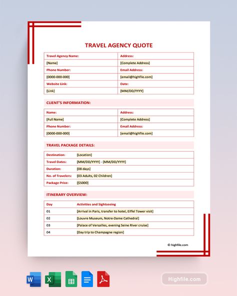 Travel Agency Quote Template Travel Format For Client, Traveling Format For Client, Client Tracker, Seine River Cruise, Champagne Region, Planner Business, Quote Template, Travel Business, Template Word