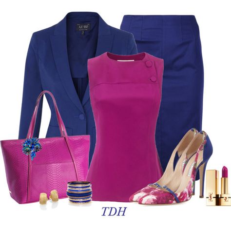 fabulous combination! Or try Magenta suit with navy shirt and bag  "Magenta  Navy" by talvadh on Polyvore Hot Pink And Navy Blue Outfit, Navy Blue And Pink Outfits For Women, Barbara Casasola, Chique Outfits, Beautiful Dress Designs, Armani Jeans, Looks Chic, Complete Outfits, Business Dresses