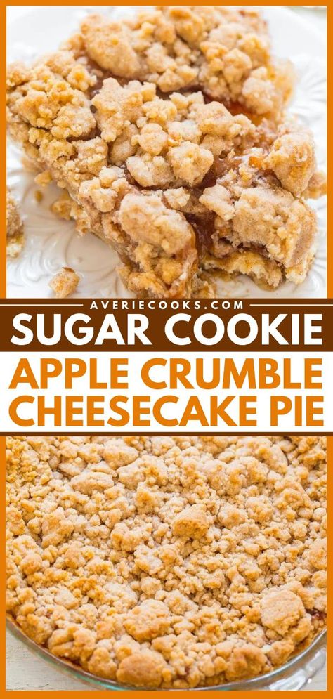 Your easy dessert ideas must have this fall food! It's the BEST apple pie. Made with a sugar cookie crust, cream cheese filling, apples, and a crumble topping, thus cream cheese pie is a showstopper. Save this simple apple recipe! Apple Pie Cheesecake No Bake, Apple Cream Cheese Dessert, Apple Cream Cheese Pie, Apple Crumble Cheesecake, Crumble Cheesecake, Apple Pie Cheesecake, Apple Cream Cheese, Buttery Sugar Cookies, Sugar Cookie Crust