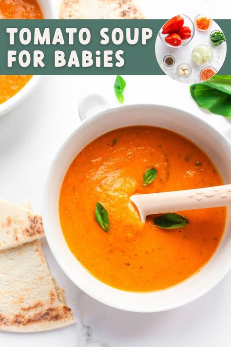 A delicious fresh roasted tomato basil soup that is suitable for babies 6 months+! The base recipe is dairy free with no added salt or sugar, but there are optional additions for older kids too. Red lentils add creaminess and a source of iron too, and onion and carrot add flavor! Served with bread for dipping, this is ideal for baby led weaning. Baby Tomato Recipes, Bell Peppers Blw, Lentil Toddler Recipes, Baby Soup Recipe, Toddler Veggie Pasta Sauce, Soup For Babies, Tomato Basil Soup Recipe, Fresh Tomato Soup, Elle Girl