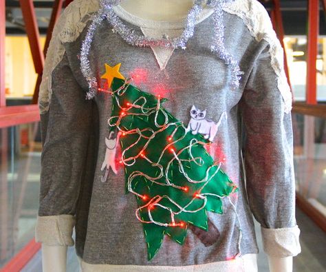 Nail your Ugly Sweater Christmas party with one of these cringe-worthy DIY projects. Cat Diys, Christmas Sweater Ideas, Diy Christmas Sweater, Sweater Diy, Christmas Sweater Outfits, Hanukkah Sweater, Best Ugly Christmas Sweater, Ugly Sweater Diy, Ugly Sweater Contest