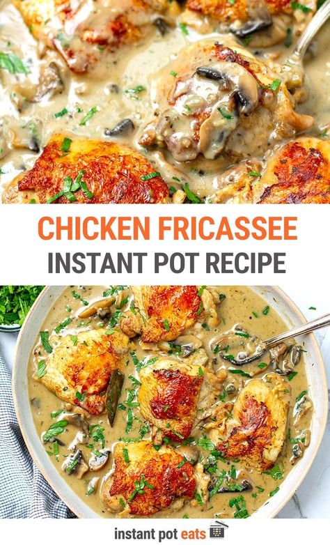 This Instant Pot Chicken Fricassee is a one-pot French classic of browned chicken pieces cooked and served in a creamy, velvety white sauce of onions and mushrooms. The sauce is heavenly and the dish is rustic comfort food at its best. Enjoy this creamy mushroom chicken stew with mashed potatoes, rice, quinoa, pasta noodles, vegetables or crusty bread to mop up the sauce. Instant Pot Chicken Stew Recipes, Instant Pot Chicken And Vegetables, Creamy Instant Pot Chicken, Noodles Vegetables, Chicken Thighs Mushrooms, Traditional French Recipes, Creamy Mushroom Chicken, Chicken Fricassee, Cultural Food