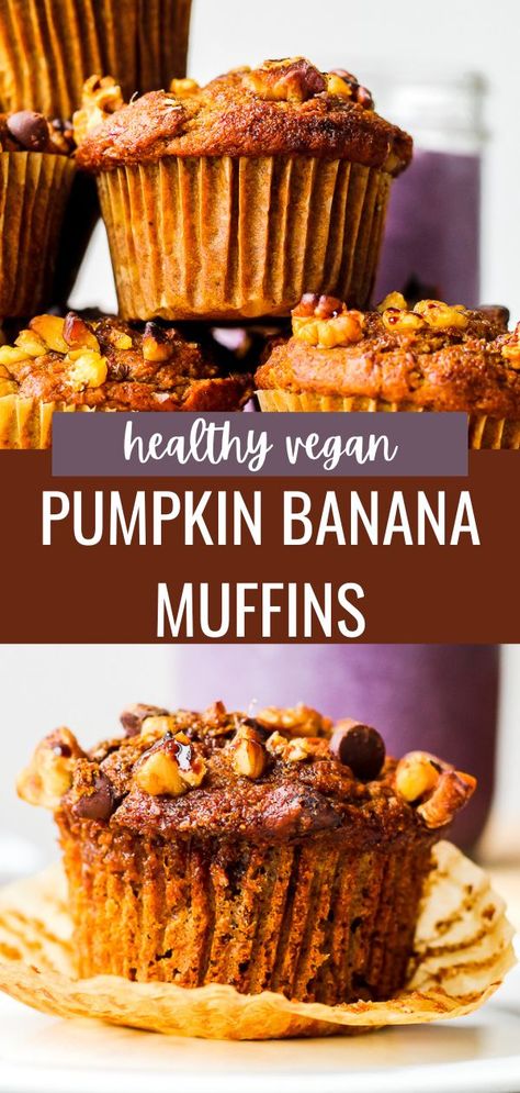 Protein Pumpkin Walnut Muffins, Pumpkin Banana Muffins Vegan, Vegan Pumpkin Muffins Healthy, Wfpb Muffins, Vegan Protein Muffins, Pumpkin Muffins Vegan, Banana Muffins With Chocolate Chips, Spelt Muffins, Vegan Pumpkin Muffins