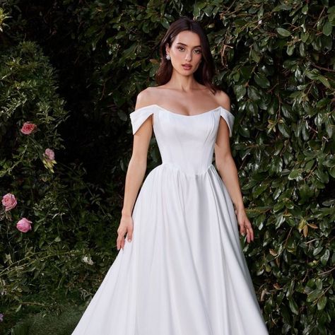 V Neck Off The Shoulder Wedding Dress, Straight Off The Shoulder Wedding Dress, U Neckline Wedding Dress, Goddess Like Wedding Dress, Off Shoulder Whimsical Wedding Dress, A Line Wedding Dress Timeless, Bridal Dresses Off Shoulder, Satin Big Wedding Dress, Debutant Ball Dresses White