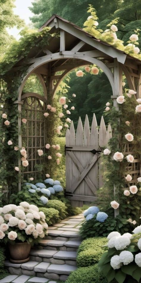 Secret Garden Entrance, Entry Arbor, Vintage Garden Tools, Secret Garden Ideas, Stone Pathways, Garden Gates And Fencing, Wooden Benches, Backyard Walkway, Lake Garden