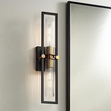 Stiffel Ramos 24" High Black and Brass 2-Light Wall Sconce Black Bathroom Sconces, Art Deco Industrial, Handcrafted Lamp, Primary Bath, Bathroom Sconces, Bathroom Wall Sconces, Ribbed Glass, Modern Wall Sconces, Filament Bulb