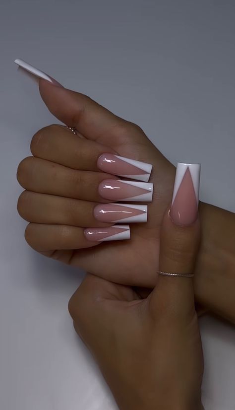 V French Acrylic Nails, Pink N White French Nails, Nail Ideas Colorful French Tip, One Color French Tip Nails, Short French Tip Nails Coffin, V Tip Nail Designs, White Pink French Tip Nails, Exotic French Tip Nails, White French Tip Nails With Pink